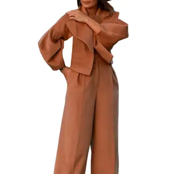 2 шт./комплект фонарь с длинными рукавами двубортные прямые брюки с широкими штанинами Женский однотонный комплект брюк с коротким пальто