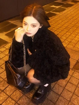 Deeptown Корейская мода Черная куртка из овечьей шерсти Женская элегантная утолщенная шуба из искусственного меха Женская зимняя винтажная теплая верхняя одежда Уличная одежда
