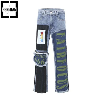 Fashion Design Patchwed Jeans Джинсовые джинсы оверсайз Y2K Hip Hop Брюки с брюками свободного кроя в стиле пэчворк