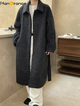 HanOrange 2024 Зимняя мода X-Long шерстяное пальто Женская одежда свободного силуэта Женский темно-серый
