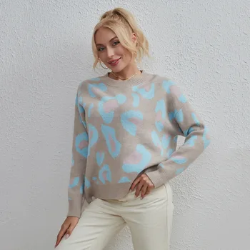 Wal Mart Контрастный леопардовый свитер Женский пуловер с круглым вырезом