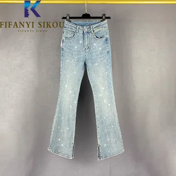 Джинсы для женщин Джинсовые брюки-клеш с высокой талией, карманные бриллианты, модные узкие эластичные джинсы 2023 года, весенние повседневные выстиранные джинсы, женские
