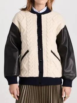 Женская зимняя куртка 2023 осень и зима женская корейская мода кожаный сращивающий шерстяной трикотажный пуховик женское пальто куртка traf