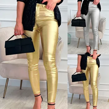 Женская мода Серебряные золотые кожаные брюки для вечеринок Марди Гра Винтаж Блестящие брюки для вечеринок Однотонные узкие брюки с высокой талией