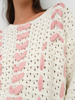Женский вязаный свитер с длинным рукавом с круглым вырезом полый контрастный цвет пуловер теплый свитер для осени и зимы