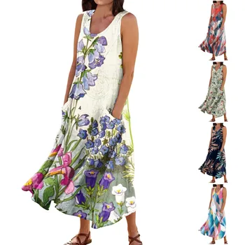 Женское летнее свободное платье без рукавов с цветочным принтом и карманами Модное свободное женское платье