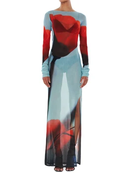  Женское макси-платье с цветочным принтом с длинным рукавом Прозрачная сетка Прозрачные длинные платья с высоким разрезом