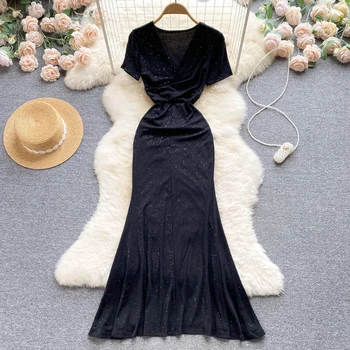 Женщины ssTss Элегантное летнее черное платье 2023 года Мода с коротким рукавом V-образным вырезом и высокой талией Тонкое сексуальное длинное платье для вечерней вечеринки русалка