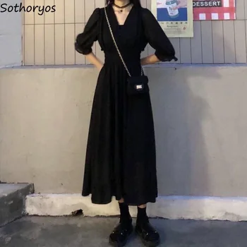 Женщины Черные платья 5 четверть пышный рукав V-образный вырез длина икры Винтаж Женский Высокая талия Летняя мода Новое платье Корейский Daily Ins