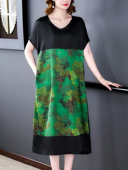 Женщины Черный лоскутный принт Натуральное шелковое платье миди Летнее вечернее платье со свободной талией 2023 Корейский винтаж Элегантный повседневный Vestidos