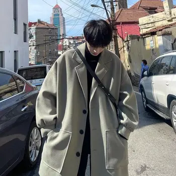 Зимнее модное однобортное однобортное шерстяное пальто средней длины для мужчин, свободная, утолщенная, теплая ветровка, корейский стиль, модный для мужчин