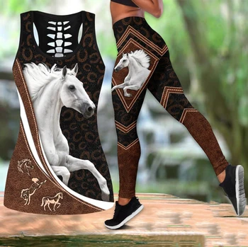 Комбинированные леггинсы Love Horse и комплект для йоги с принтом майки Летние наряды без рукавов 6 стилей для женщин 2023 Plus Size