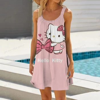 Новый Hello Kitty Сексуальное пляжное платье 3D-печать мультфильм женские платья без рукавов Гавайи Винтаж Пляжная одежда Девушки Слинг Ночное платье