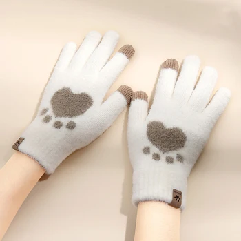 Симпатичные зимние теплые перчатки Кошачьи когти Вязаные перчатки Женские перчатки с сенсорным экраном Кашемировые плюшевые утолщенные шерстяные перчатки для езды на велосипеде на открытом воздухе