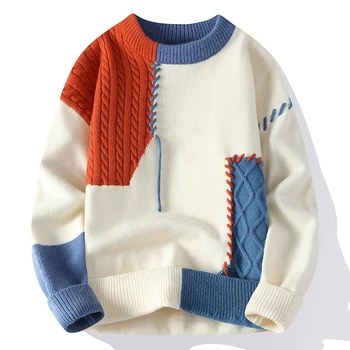 Трикотажный свитер Мужчины Оверсайз Pull Homme Мужской вязаный свитер Пуловер Джемпер Harajuku Повседневная уличная одежда Пэчворк Мужские свитера